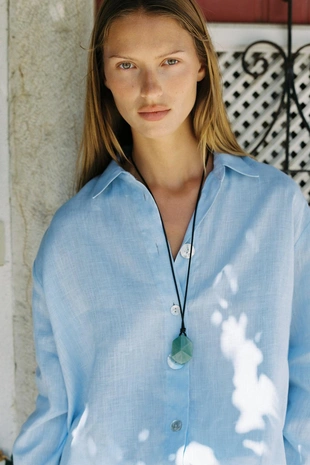 Sky blue | 8117/707/403 - Zara Рубашка из 100% льна с комбинированными пуговицами