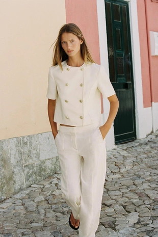 Прямые брюки из льняной ткани с контрастной строчкой- Заказать в России