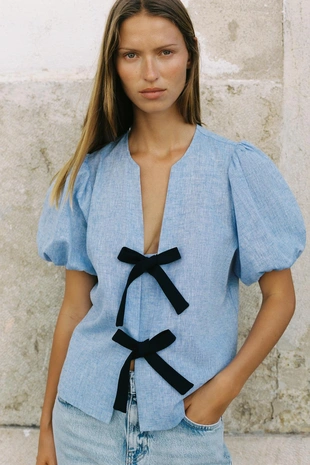 Блуза льняная с завязками- Заказать в России