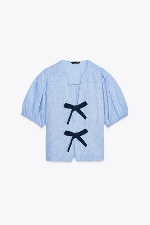 Блуза льняная с завязками- Заказать в России