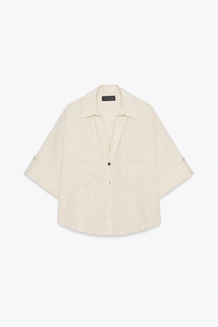 Укороченная рубашка из смесового льна- Заказать в России