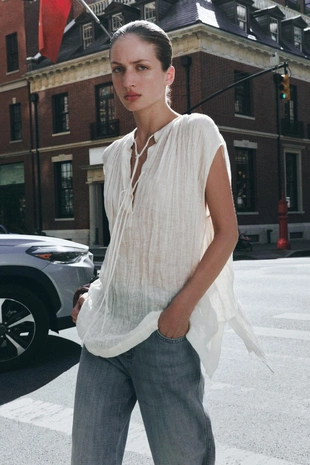 Льняная блуза с завязками — ZW COLLECTION- Заказать в России