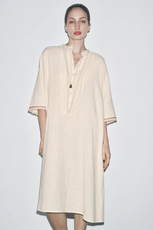 Кафтан из льна с контрастной отделкой, лимитированная серия- Заказать в России