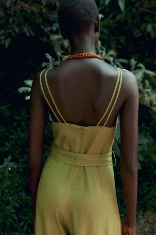 Широкий комбинезон на бретелях из льна- Заказать в России