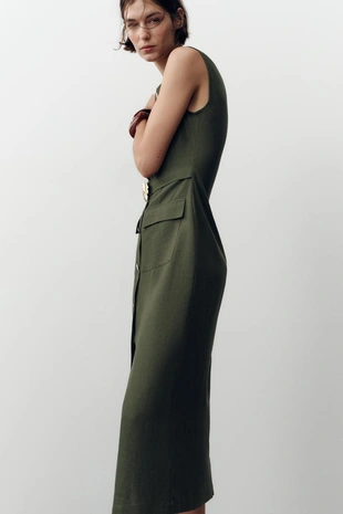 Платье-миди с поясом и льном- Заказать в России