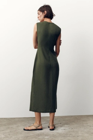 Платье-миди с поясом и льном- Заказать в России