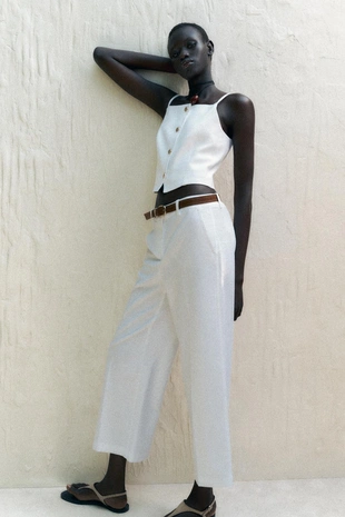 Брюки-кюлоты из льна с поясом- Заказать в России