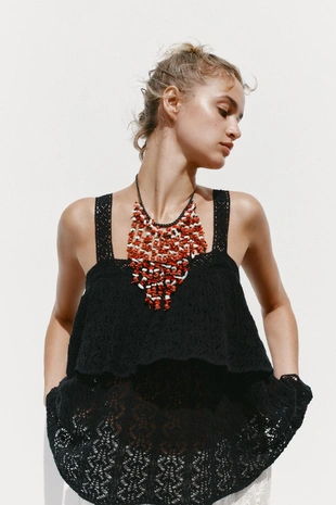 Топ из ажурного трикотажа с воланом- Заказать в России