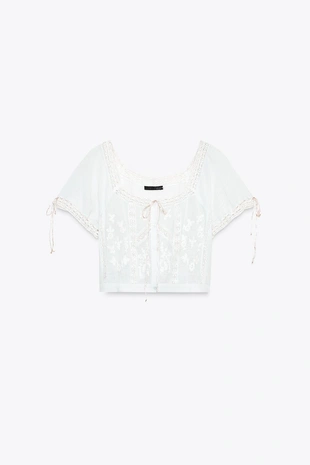 Укороченный топ из газа с вышивкой- Заказать в России