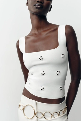 Топ из эластичной ткани с цветочной вышивкой