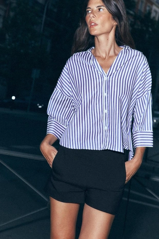 Рубашка из поплина в полоску с широкими рукавами- Заказать в России