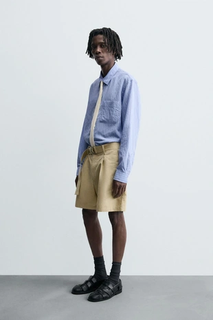 Бермуды из хлопка и льна с поясом- Заказать в России