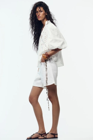 White | 8741/229/250 - Zara Рубашка с перфорированной вышивкой и рукавами-буфами