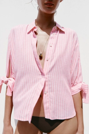 Рубашка в полоску с завязками и льном- Заказать в России