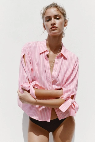 Рубашка в полоску с завязками и льном- Заказать в России