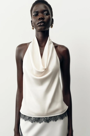 Атласный топ с кружевом и горловиной халтер- Заказать в России