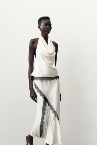 Атласный топ с кружевом и горловиной халтер- Заказать в России