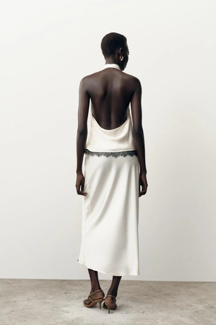 Атласный топ с кружевом и горловиной халтер- Заказать в России