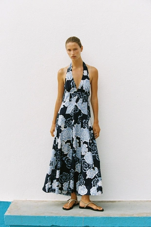 Платье миди с цветочным принтом и горловиной халтер- Заказать в России