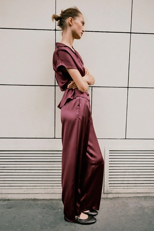 Burgundy | 8528/399/681 - Zara Атласная рубашка с поясом