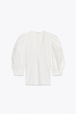 Топ с рукавами-буфами и вышивкой в виде цветов- Заказать в России