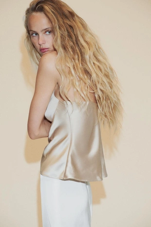 Beige | 4772/100/710 - Zara Атласный топ с вырезом «сердечко»