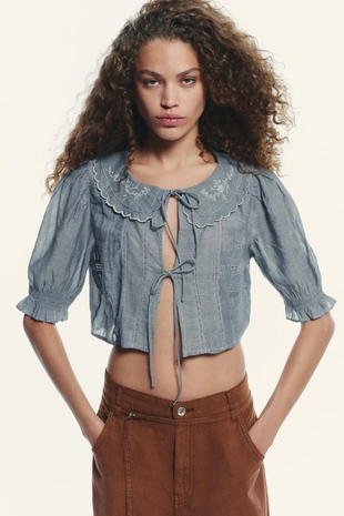 Укороченная рубашка с вышивкой- Заказать в России