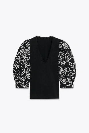 Топ с рукавами-буфами и вышивкой в виде цветов- Заказать в России