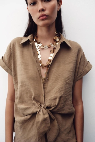 Brown / Taupe | 8569/535/737 - Zara Рубашка с узлом и короткими рукавами