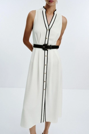 Платье миди с контрастной отделкой и поясом- Заказать в России