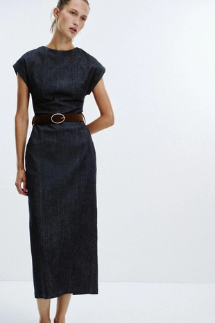 Приталенное платье-миди с поясом- Заказать в России