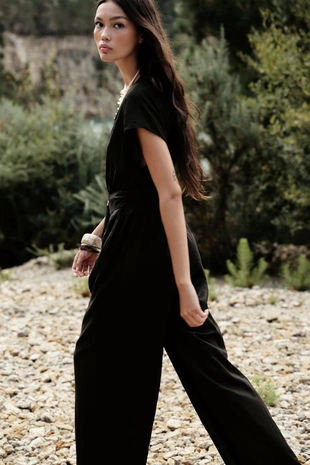 Длинный комбинезон из льна с поясом- Заказать в России