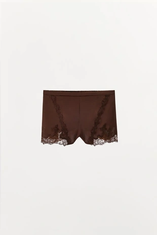 Атласные шорты с вышивкой и кружевом- Заказать в России