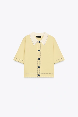 Вязаный жакет-поло с декоративной отстрочкой- Заказать в России