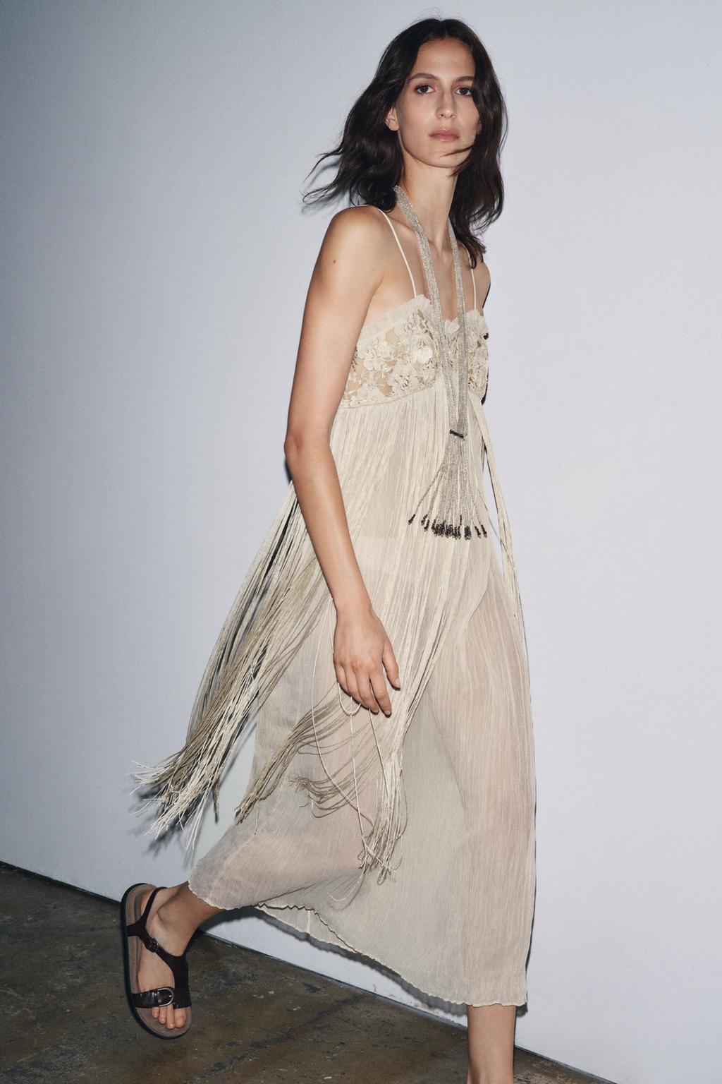EMBROIDERED FRINGED COMBINATION DRESS
