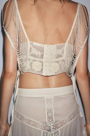 Топ с вышивкой, бусинами и бахромой- Заказать в России