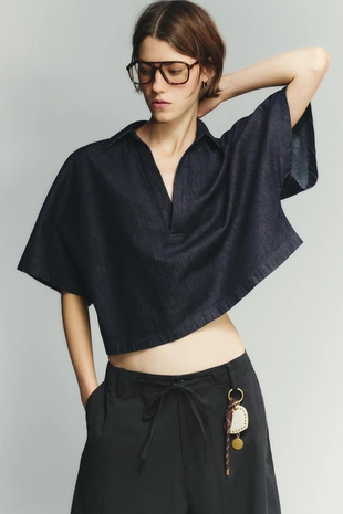 Джинсовая рубашка TRF с воротником поло- Заказать в России