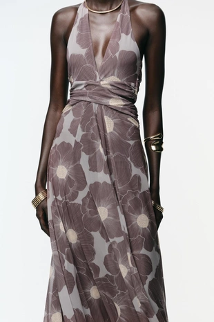 Длинное платье из тюля с принтом и вырезами- Заказать в России
