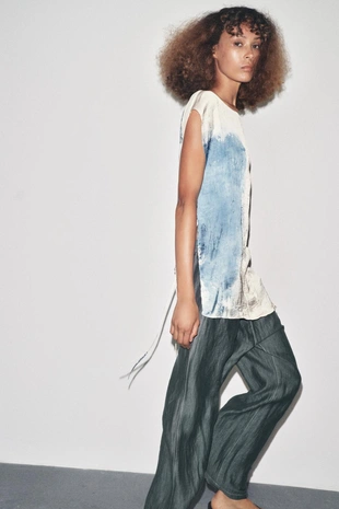 Брюки из льна с контрастной отделкой- Заказать в России