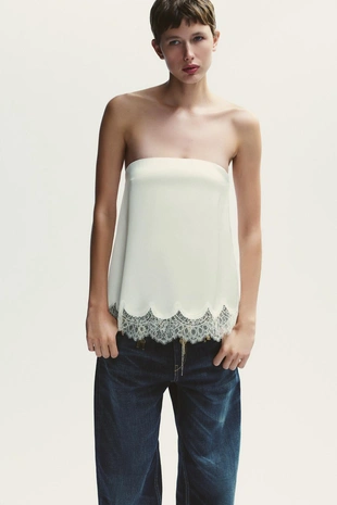 Атласный топ-бандо с кружевом- Заказать в России