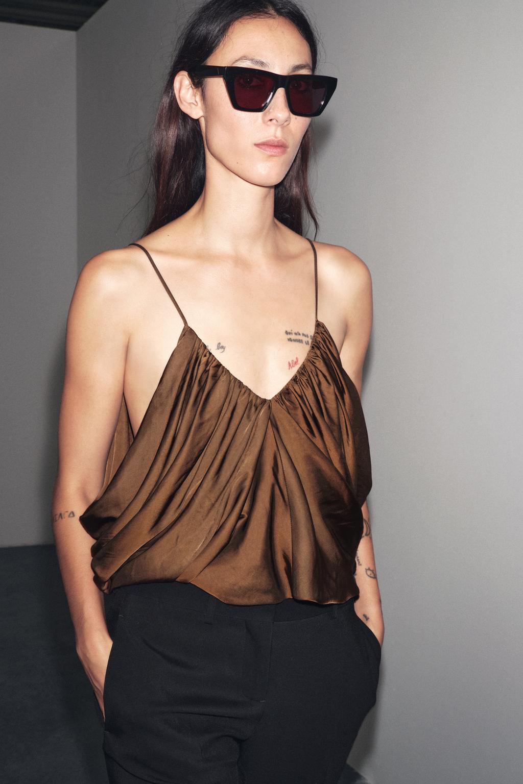 Zara Топ из атласа со сборками коллекция zara «zw» - Цвет табачный