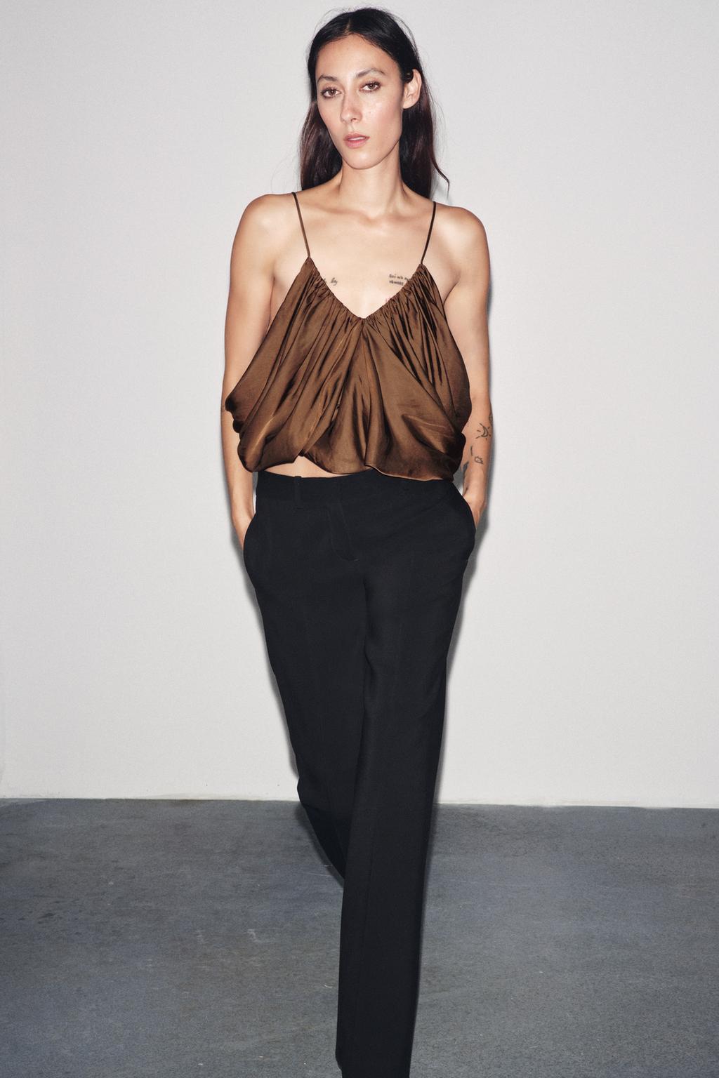 Zara Топ из атласа со сборками коллекция zara «zw» - Цвет табачный