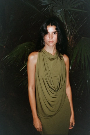 Комбинированное платье со сборками- Заказать в России