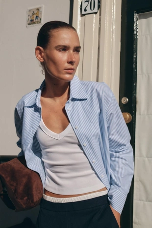 Укороченная рубашка оксфорд в полоску со складками на талии- Заказать в России