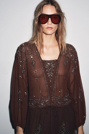 Блуза из жоржета с вышивкой и бусинами- Заказать в России