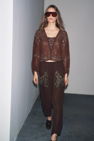 Блуза из жоржета с вышивкой и бусинами- Заказать в России