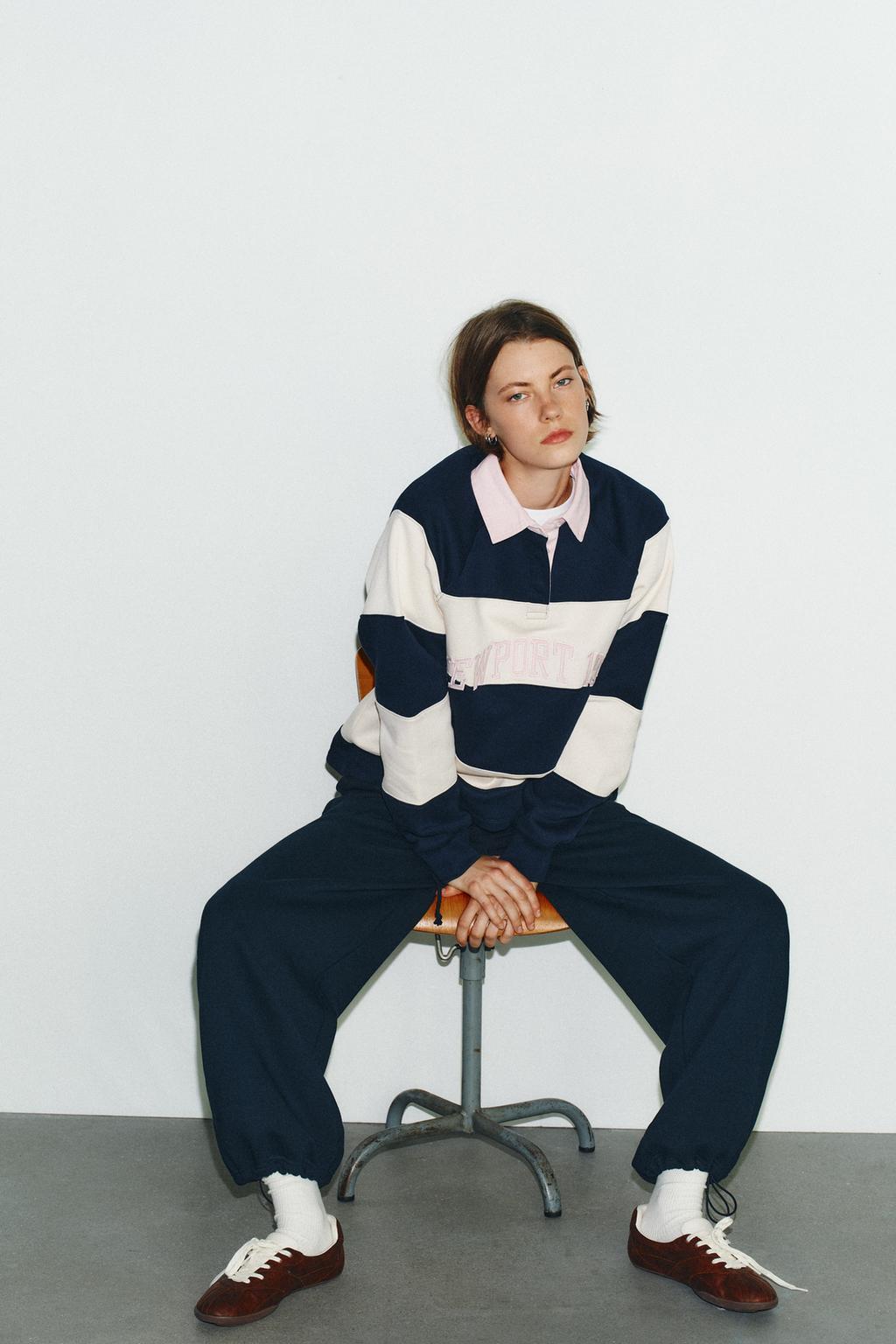 STRIPED POLO SWEATSHIRT WITH SLOGAN