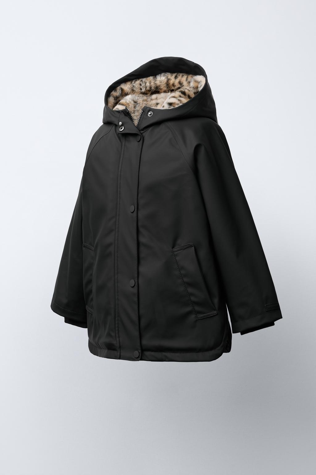 WATER-REPELLENT COATED JACKET WITH FAUX FUR ANIMAL PRINT