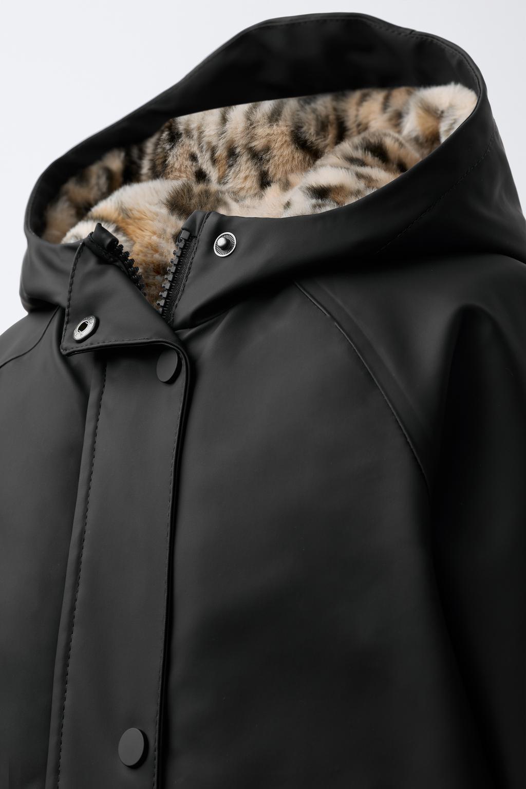 WATER-REPELLENT COATED JACKET WITH FAUX FUR ANIMAL PRINT