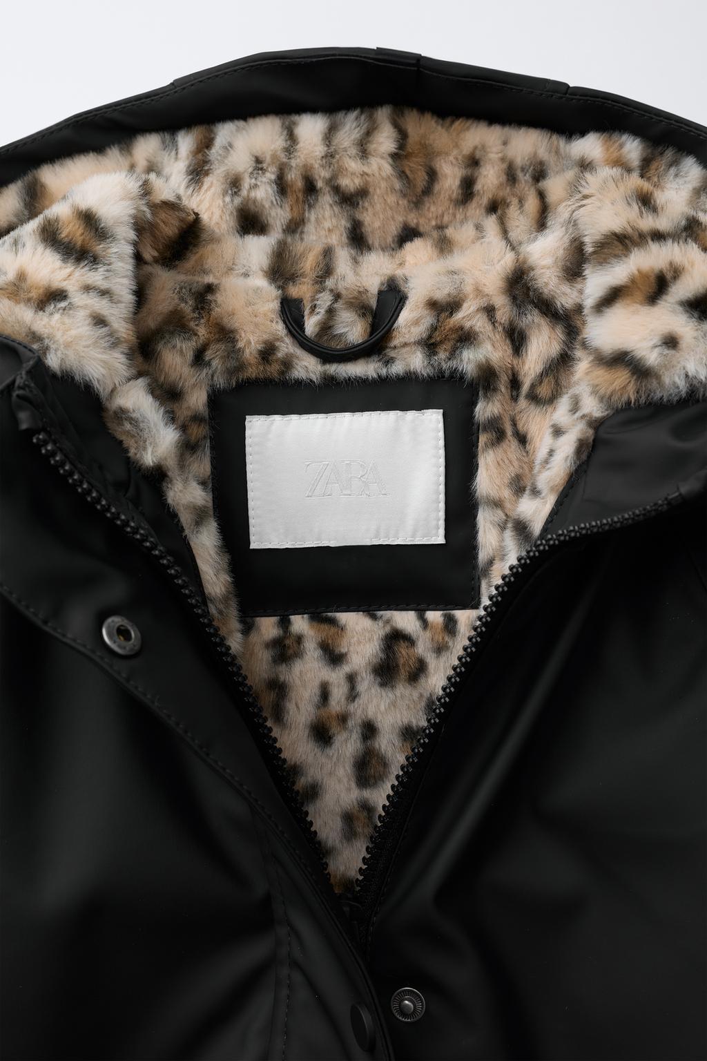 WATER-REPELLENT COATED JACKET WITH FAUX FUR ANIMAL PRINT